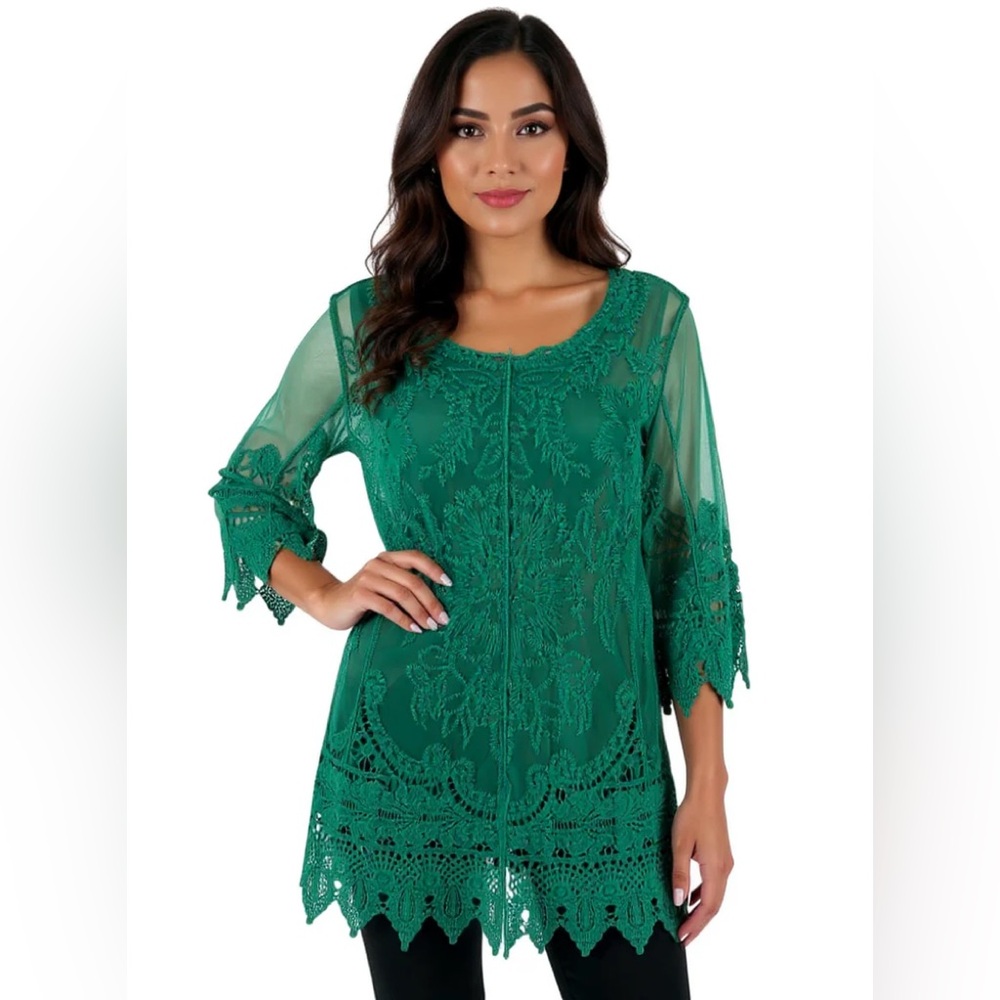 Ultra Pink Green Mesh Crochet Embroidery Top